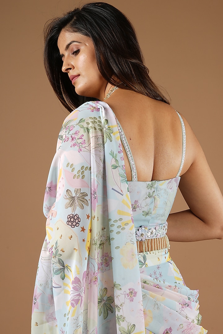 Blue Viscose Printed Ruffled Wedding Saree Set by VANA ETHNICS at Pernia's Pop Up Shop