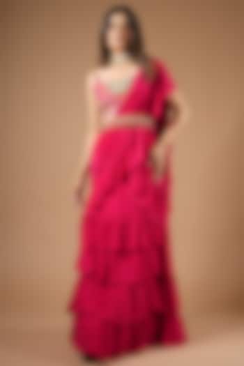 Ruby Pink Viscose Ruffled Saree Set by VANA ETHNICS