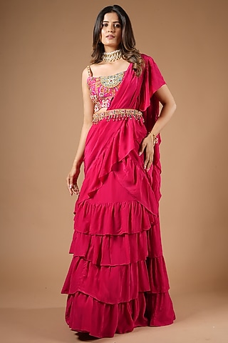 Ruby Pink Viscose Ruffled Saree Set by VANA ETHNICS