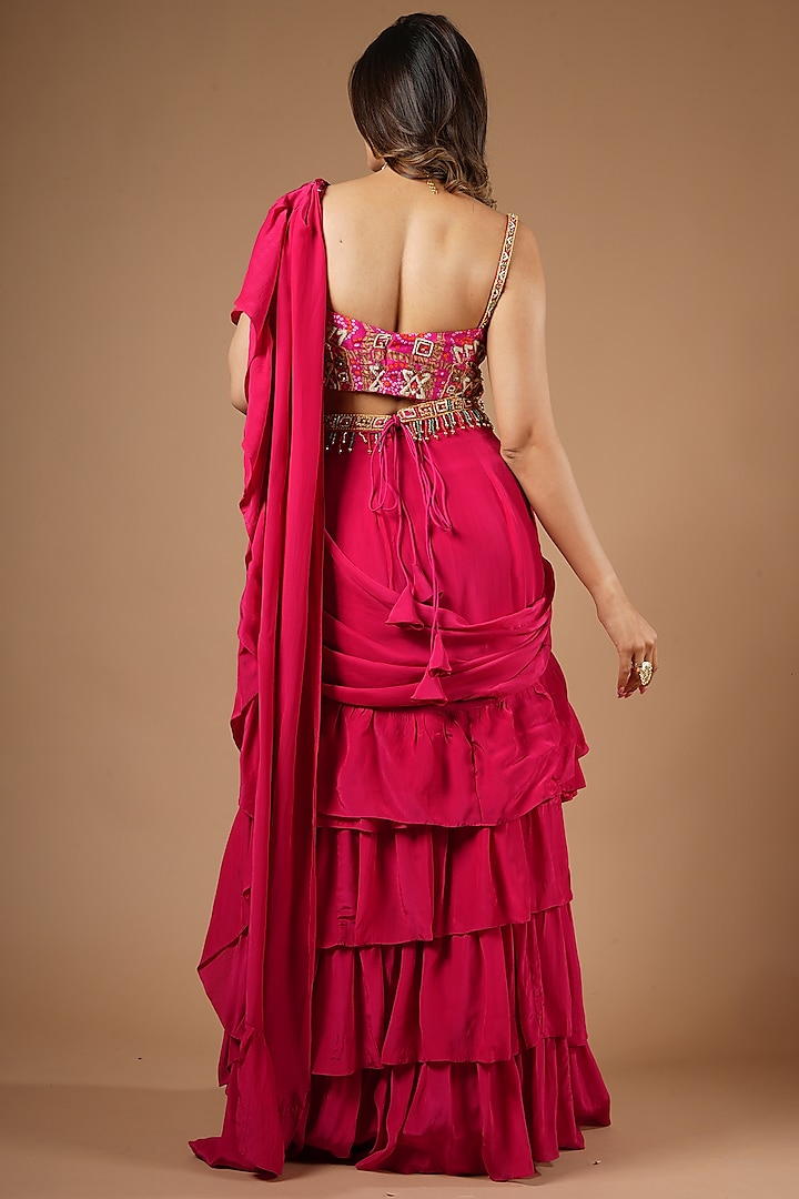 Ruby Pink Viscose Ruffled Wedding Saree Set by VANA ETHNICS at Pernia's Pop Up Shop