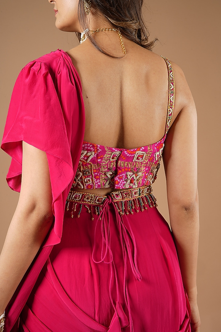 Ruby Pink Viscose Ruffled Wedding Saree Set by VANA ETHNICS at Pernia's Pop Up Shop