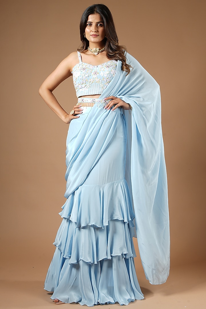 Powder Blue Viscose Ruffled Wedding Saree Set by VANA ETHNICS at Pernia's Pop Up Shop