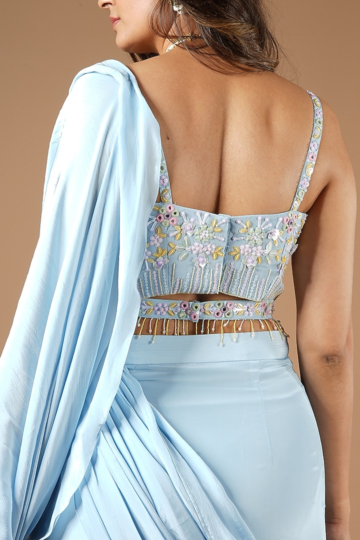 Powder Blue Viscose Ruffled Wedding Saree Set by VANA ETHNICS at Pernia's Pop Up Shop