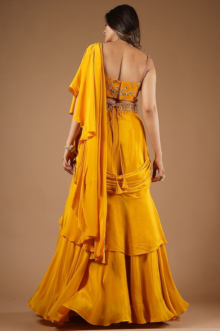 Mustard Yellow Viscose Ruffled Wedding Saree Set by VANA ETHNICS at Pernia's Pop Up Shop