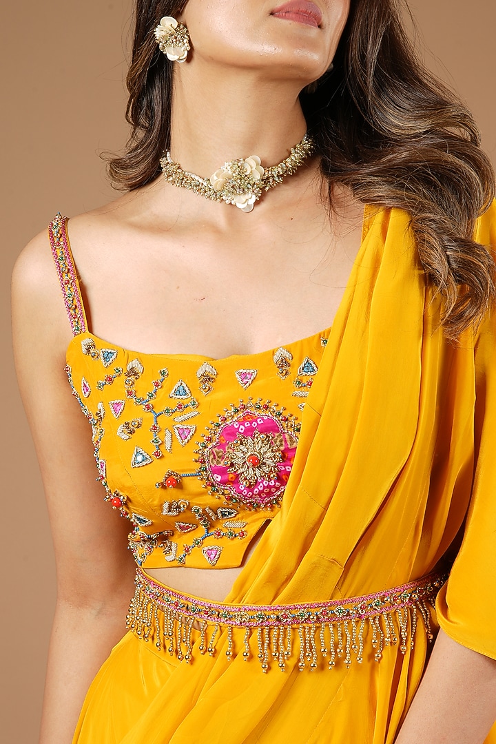 Mustard Yellow Viscose Ruffled Wedding Saree Set by VANA ETHNICS at Pernia's Pop Up Shop