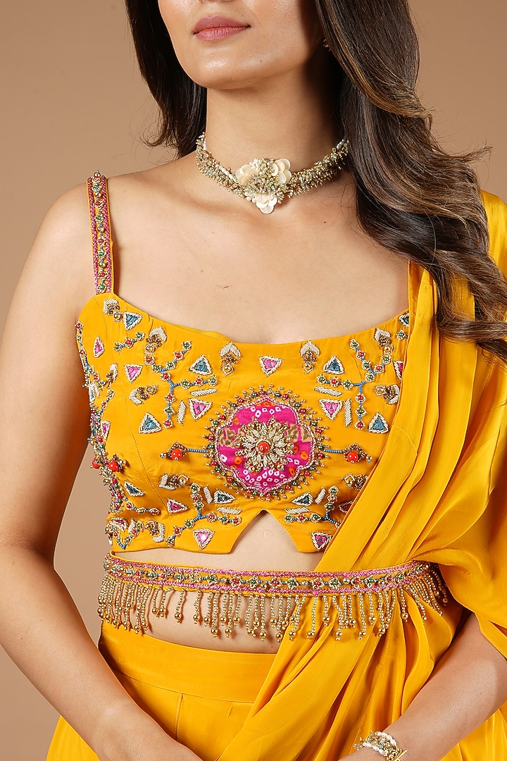 Mustard Yellow Viscose Ruffled Wedding Saree Set by VANA ETHNICS at Pernia's Pop Up Shop