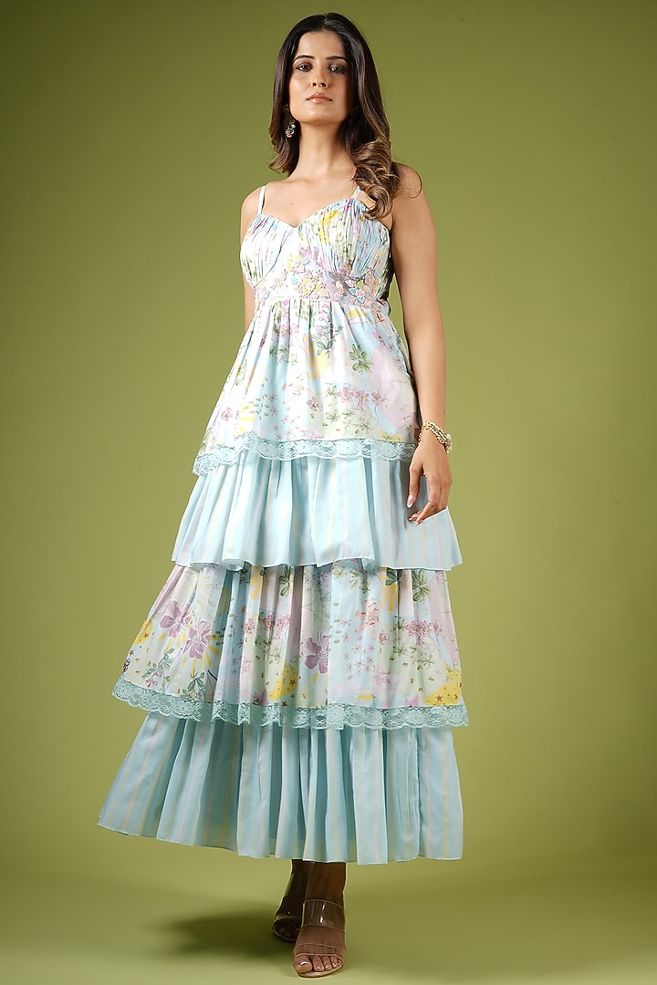 Blue Viscose Printed Layered Vacation Dress by VANA ETHNICS at Pernia's Pop Up Shop