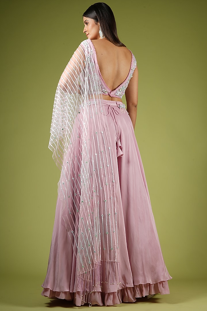 Onion Pink Viscose Ruffled Wedding Lehenga Set by VANA ETHNICS at Pernia's Pop Up Shop