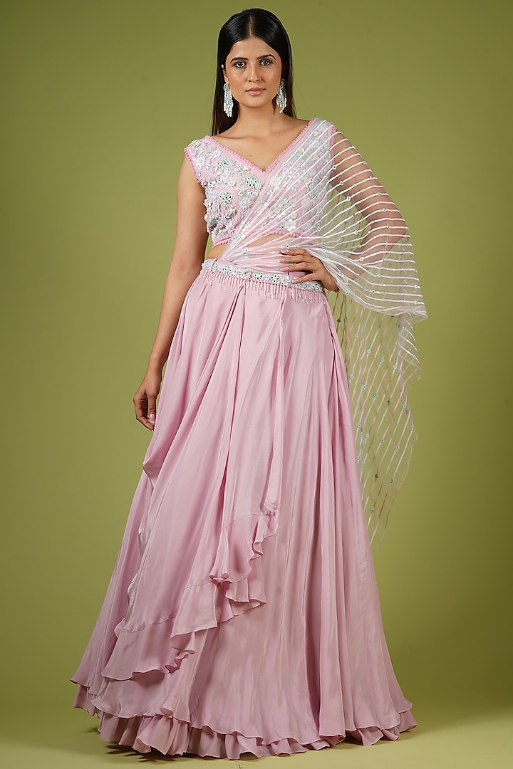 Onion Pink Viscose Ruffled Wedding Lehenga Set by VANA ETHNICS at Pernia's Pop Up Shop