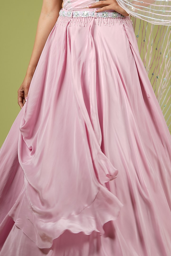 Onion Pink Viscose Ruffled Wedding Lehenga Set by VANA ETHNICS at Pernia's Pop Up Shop