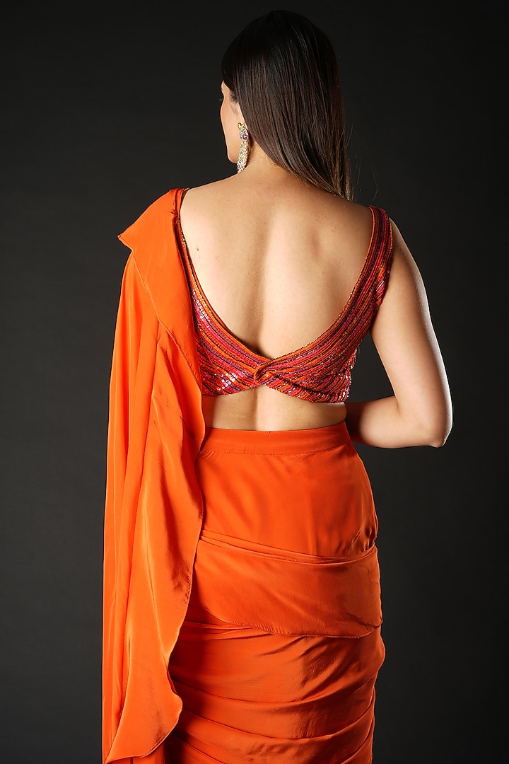 Rust Viscose Ruffled Wedding Saree Set by VANA ETHNICS at Pernia's Pop Up Shop