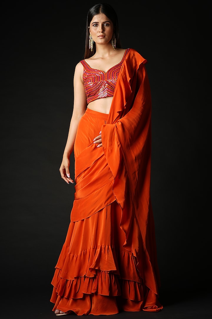 Rust Viscose Ruffled Wedding Saree Set by VANA ETHNICS at Pernia's Pop Up Shop