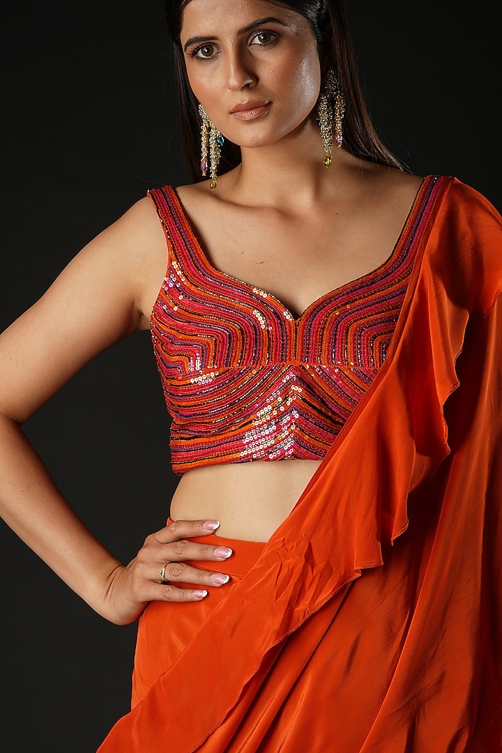Rust Viscose Ruffled Wedding Saree Set by VANA ETHNICS at Pernia's Pop Up Shop