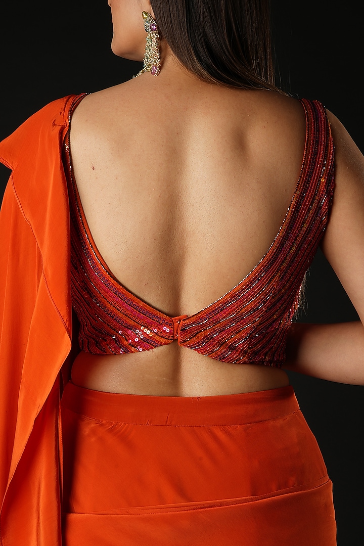 Rust Viscose Ruffled Wedding Saree Set by VANA ETHNICS at Pernia's Pop Up Shop