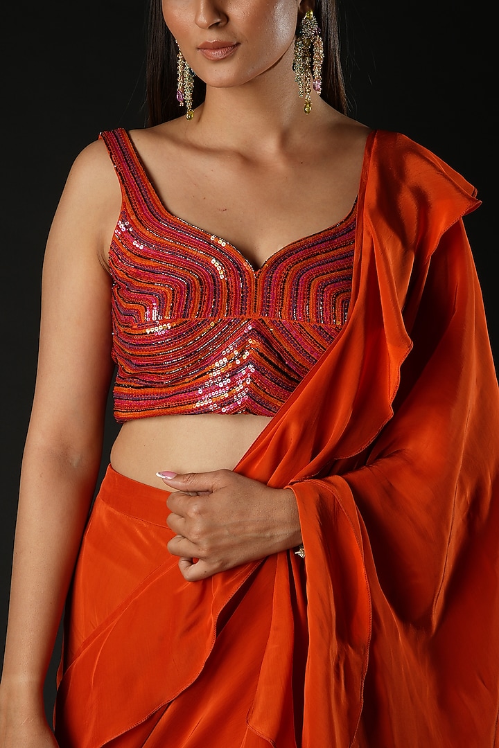 Rust Viscose Ruffled Wedding Saree Set by VANA ETHNICS at Pernia's Pop Up Shop
