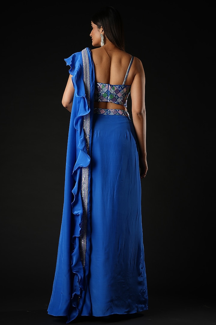 Cobalt Blue Viscose Ruffled Drape Wedding Saree Set by VANA ETHNICS at Pernia's Pop Up Shop