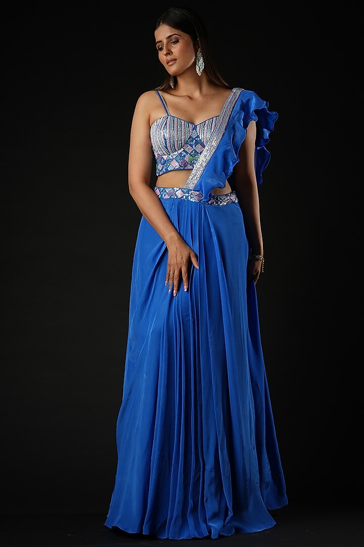 Cobalt Blue Viscose Ruffled Drape Wedding Saree Set by VANA ETHNICS at Pernia's Pop Up Shop