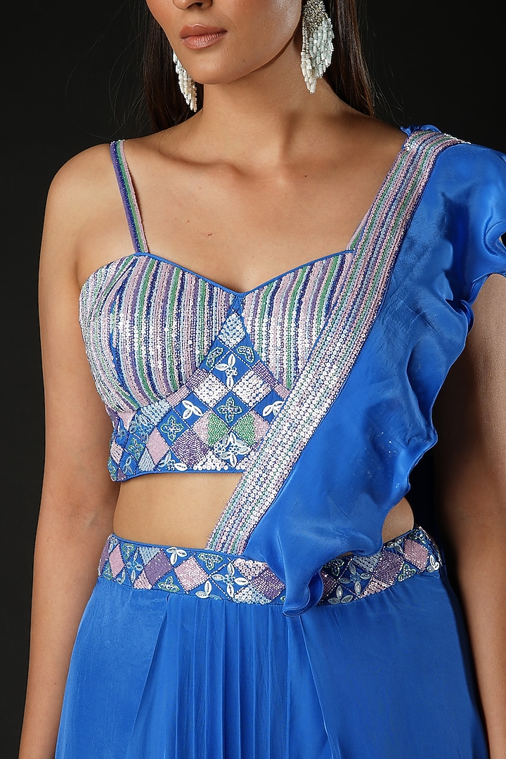 Cobalt Blue Viscose Ruffled Drape Wedding Saree Set by VANA ETHNICS at Pernia's Pop Up Shop