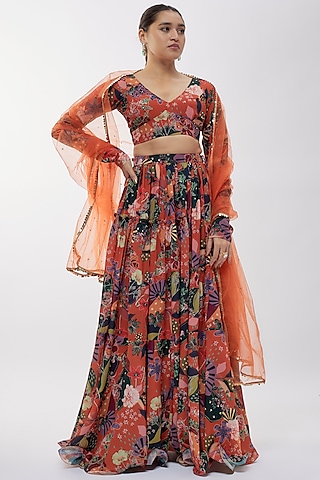 Rust Georgette Digital Printed Lehenga Set by Vana Ethnics