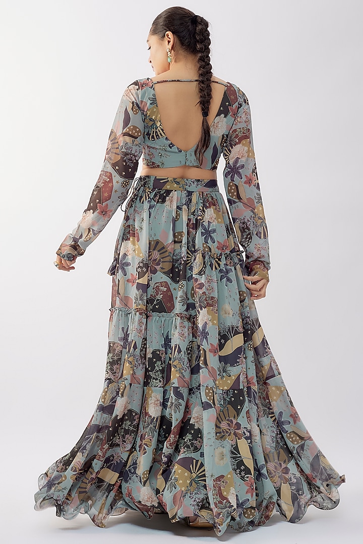 Ash Grey Georgette Digital Printed Lehenga Set by Vana Ethnics at Pernia's Pop Up Shop