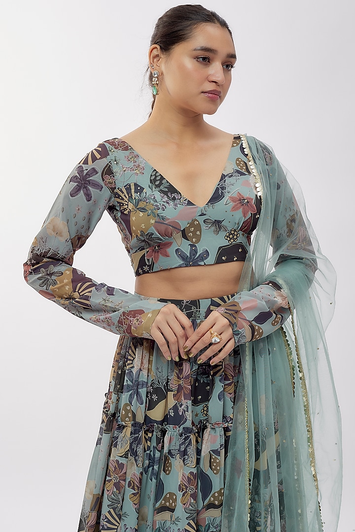 Ash Grey Georgette Digital Printed Lehenga Set by Vana Ethnics at Pernia's Pop Up Shop