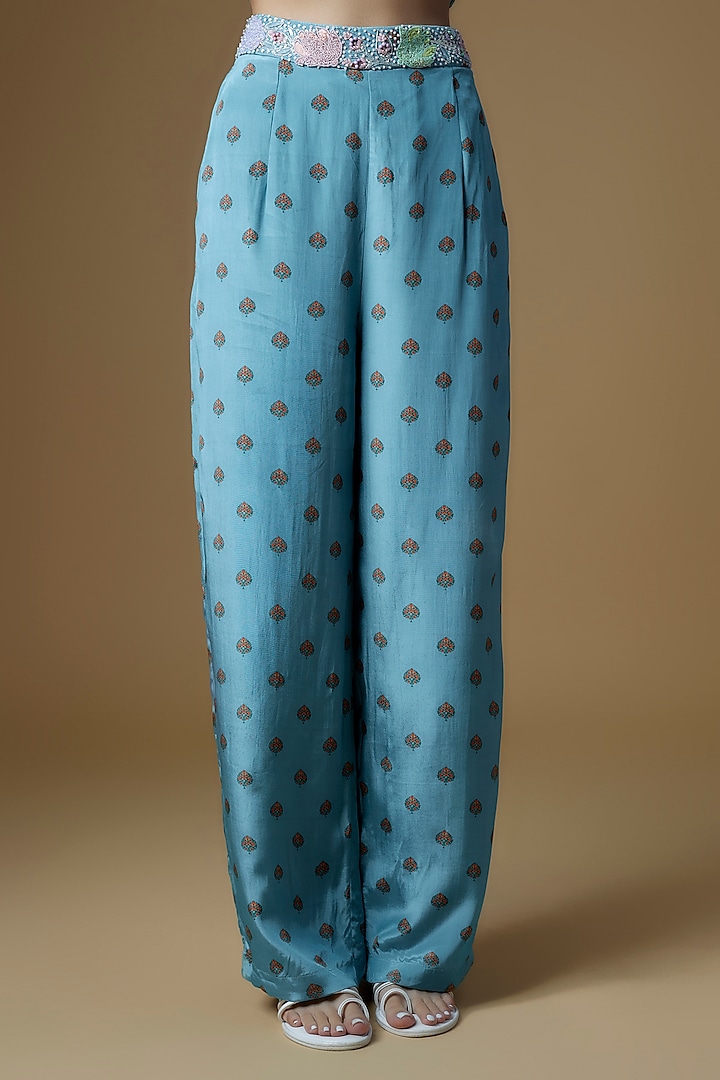 Pastel Blue Crepe Printed & Embroidered Pants by VANA ETHNICS