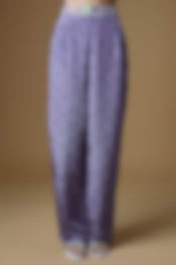 Pastel Purple Crepe Printed & Embroidered Pants by VANA ETHNICS