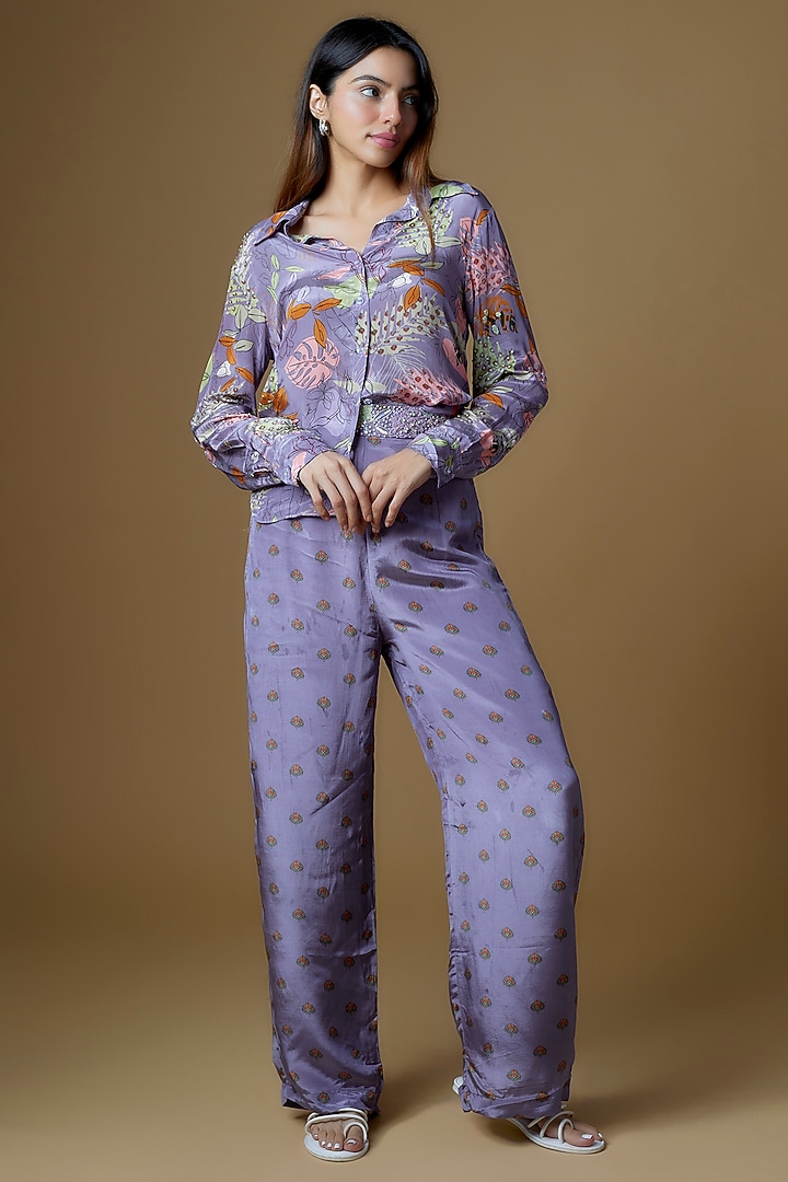 Pastel Purple Crepe Printed & Embroidered Pants by VANA ETHNICS at Pernia's Pop Up Shop