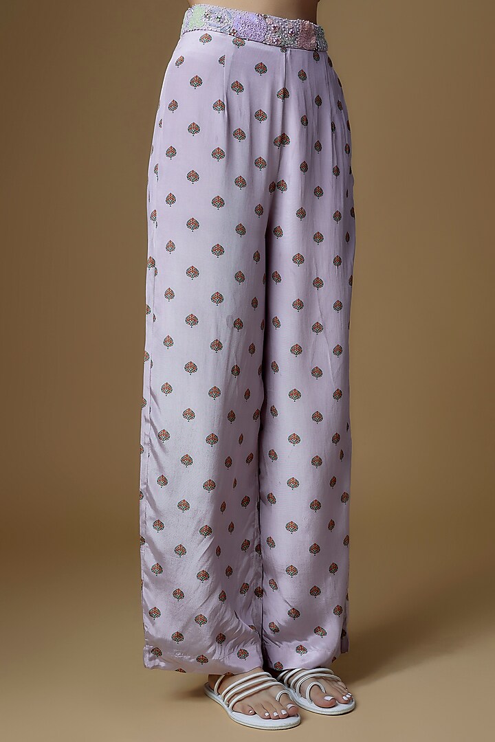 Onion Pink Crepe Printed & Embroidered Pants by VANA ETHNICS