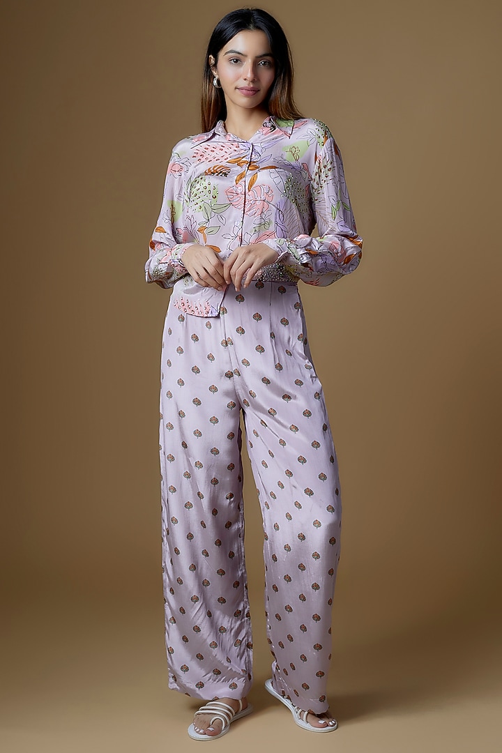 Onion Pink Crepe Printed & Embroidered Pants by VANA ETHNICS at Pernia's Pop Up Shop