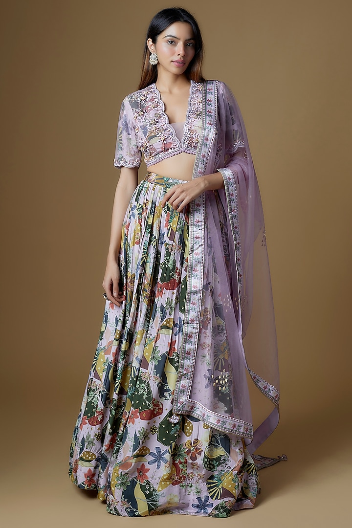 Lilac Crepe FLoral Printed Wedding Lehenga Set by VANA ETHNICS at Pernia's Pop Up Shop