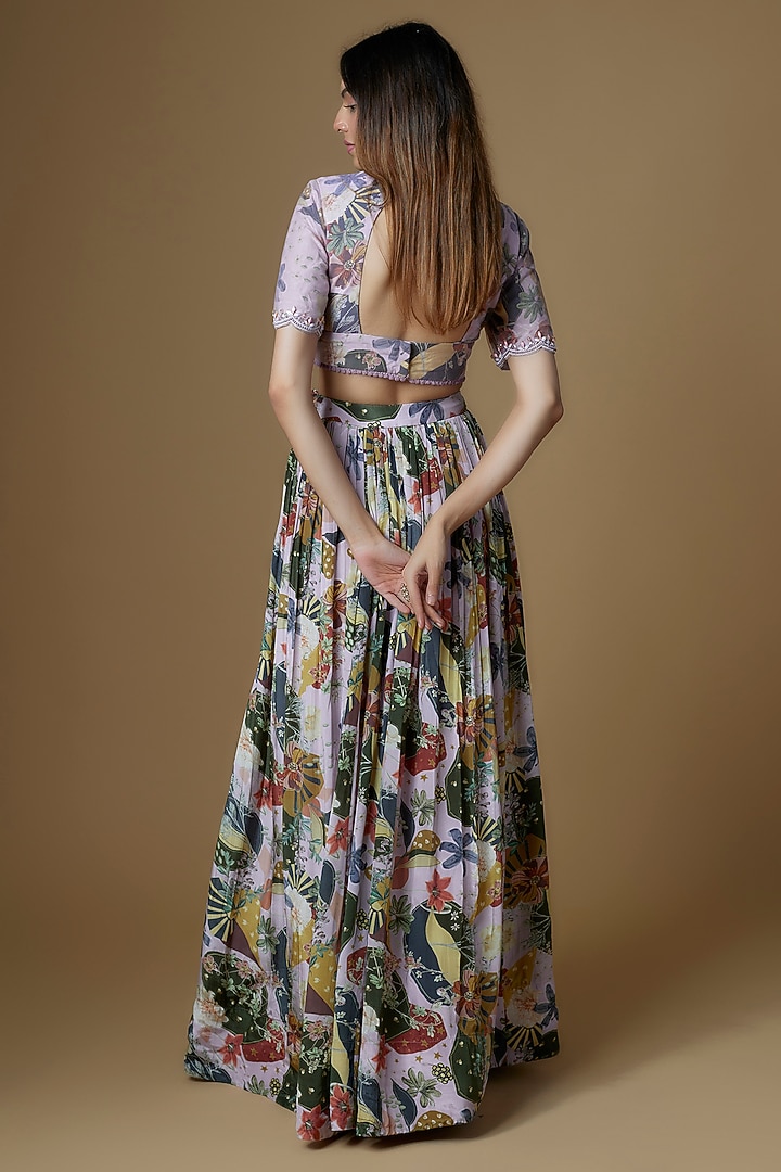 Lilac Crepe FLoral Printed Wedding Lehenga Set by VANA ETHNICS at Pernia's Pop Up Shop