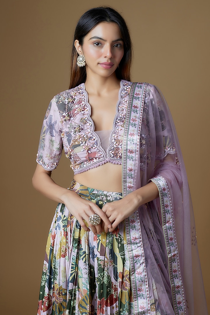 Lilac Crepe FLoral Printed Wedding Lehenga Set by VANA ETHNICS at Pernia's Pop Up Shop