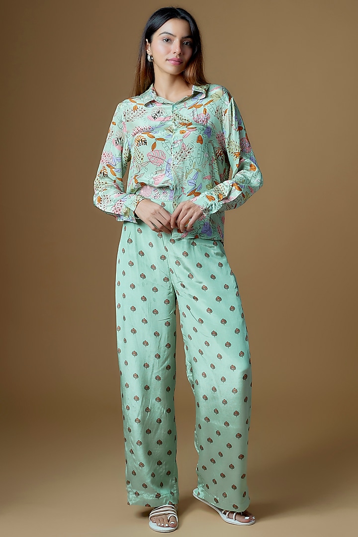 Mint Green Crepe Printed & Embroidered Co-Ord Set by VANA ETHNICS