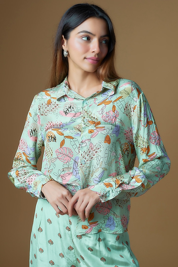 Mint Green Crepe Printed & Embroidered Co-Ord Set by VANA ETHNICS at Pernia's Pop Up Shop
