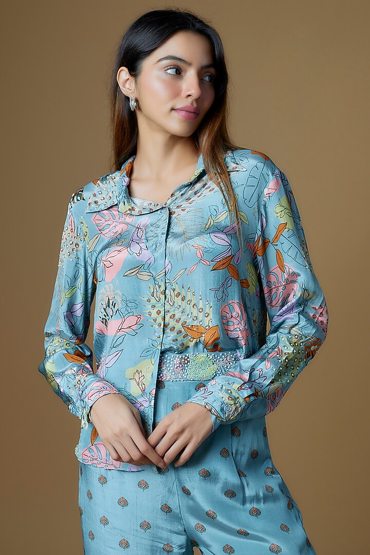 Pastel Blue Crepe Printed & Embroidered Co-Ord Set by VANA ETHNICS at Pernia's Pop Up Shop
