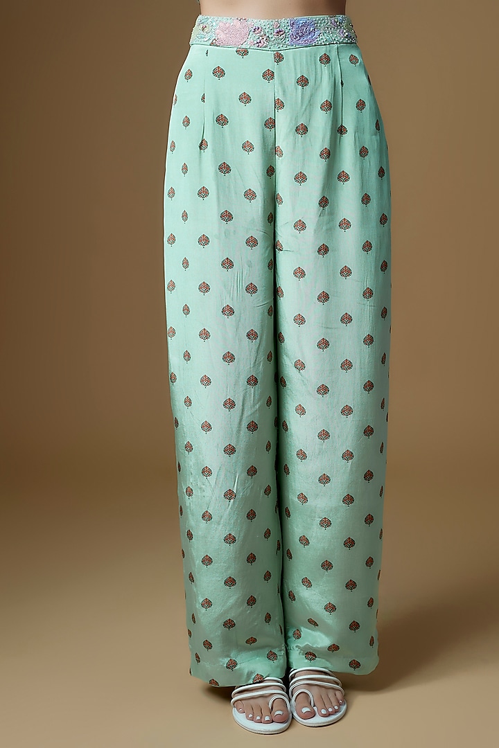 Mint Green Crepe Printed & Embroidered Pants by VANA ETHNICS