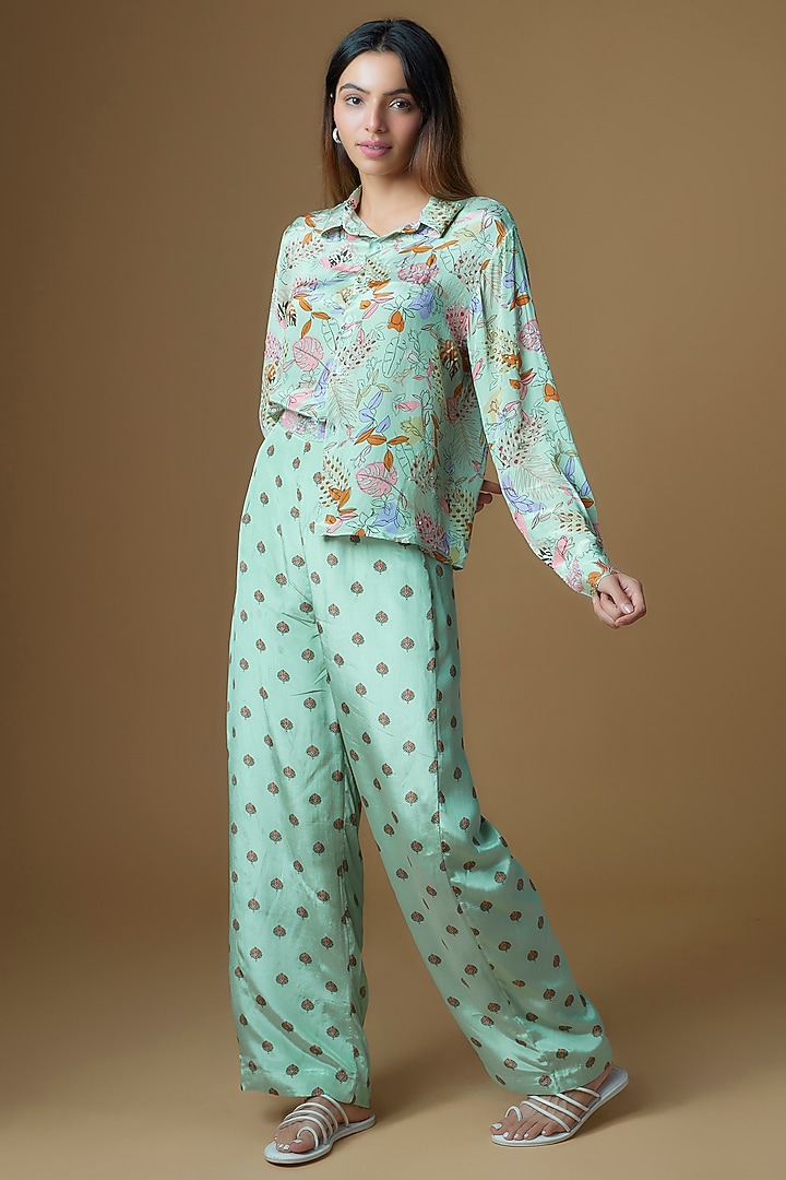 Mint Green Crepe Printed & Embroidered Pants by VANA ETHNICS at Pernia's Pop Up Shop