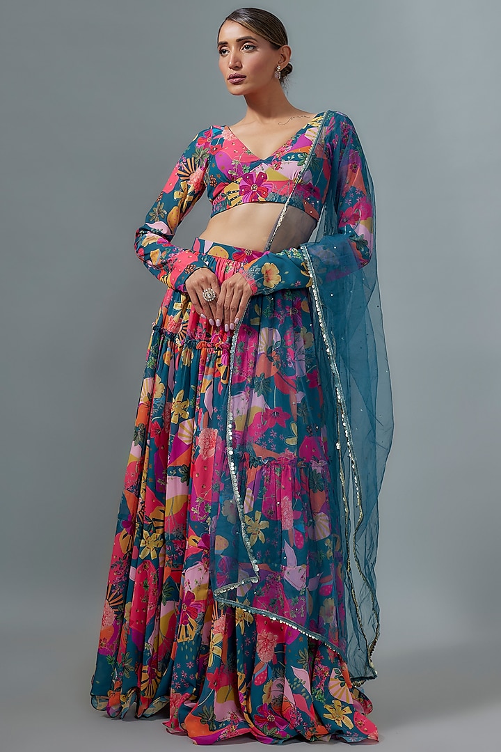 Rama Blue Georgette Digital Printed Lehenga Set by VANA ETHNICS at Pernia's Pop Up Shop