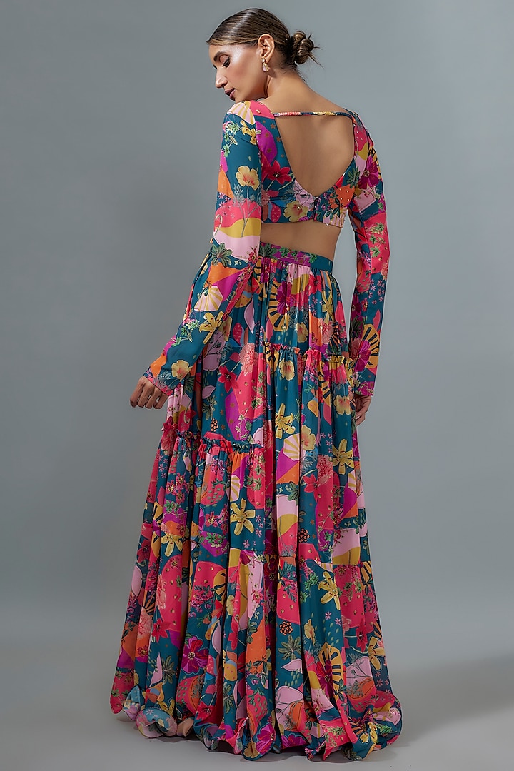 Rama Blue Georgette Digital Printed Lehenga Set by VANA ETHNICS at Pernia's Pop Up Shop