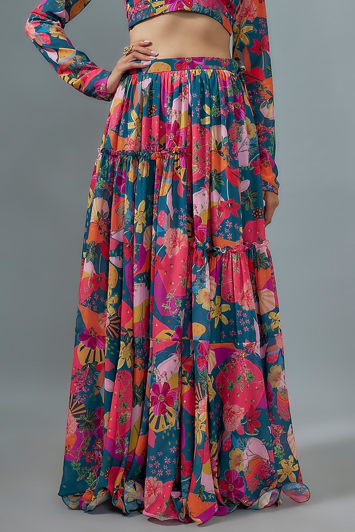 Rama Blue Georgette Digital Printed Lehenga Set by VANA ETHNICS at Pernia's Pop Up Shop