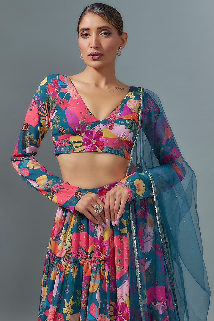 Rama Blue Georgette Digital Printed Lehenga Set by VANA ETHNICS at Pernia's Pop Up Shop