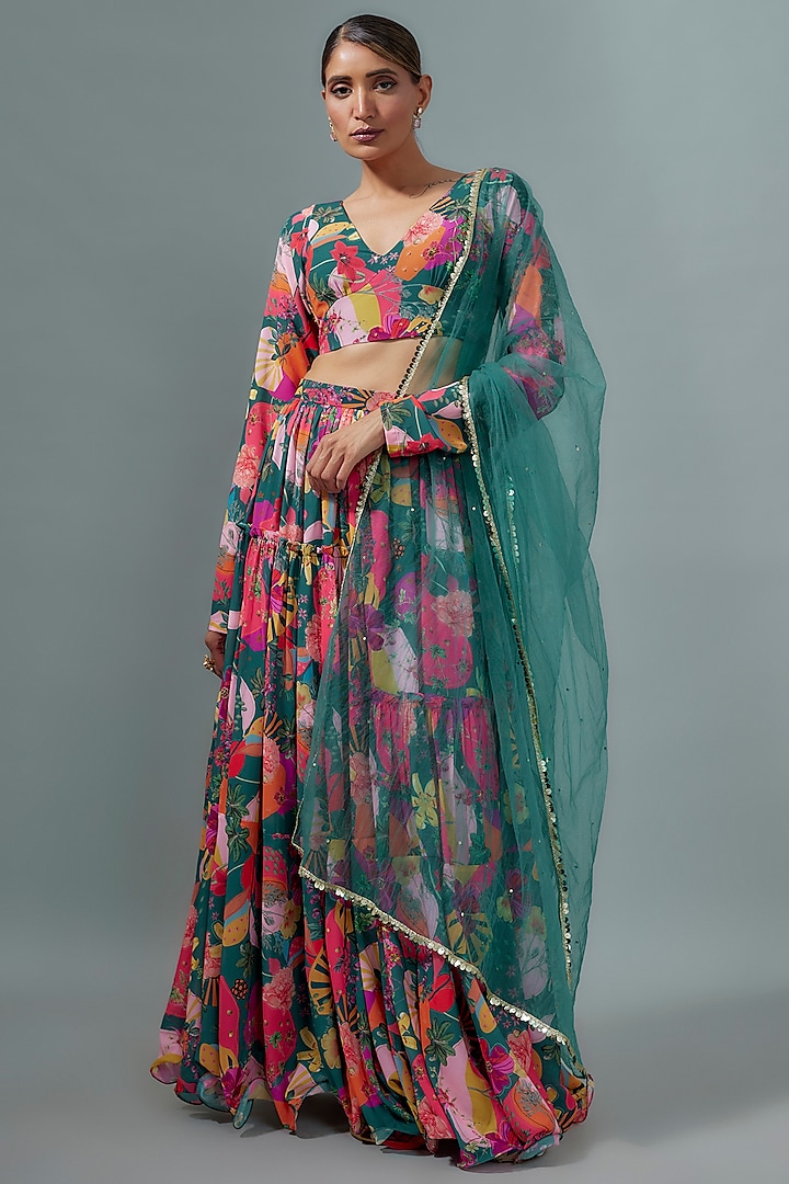 Teal Georgette Digital Printed Lehenga Set by VANA ETHNICS at Pernia's Pop Up Shop