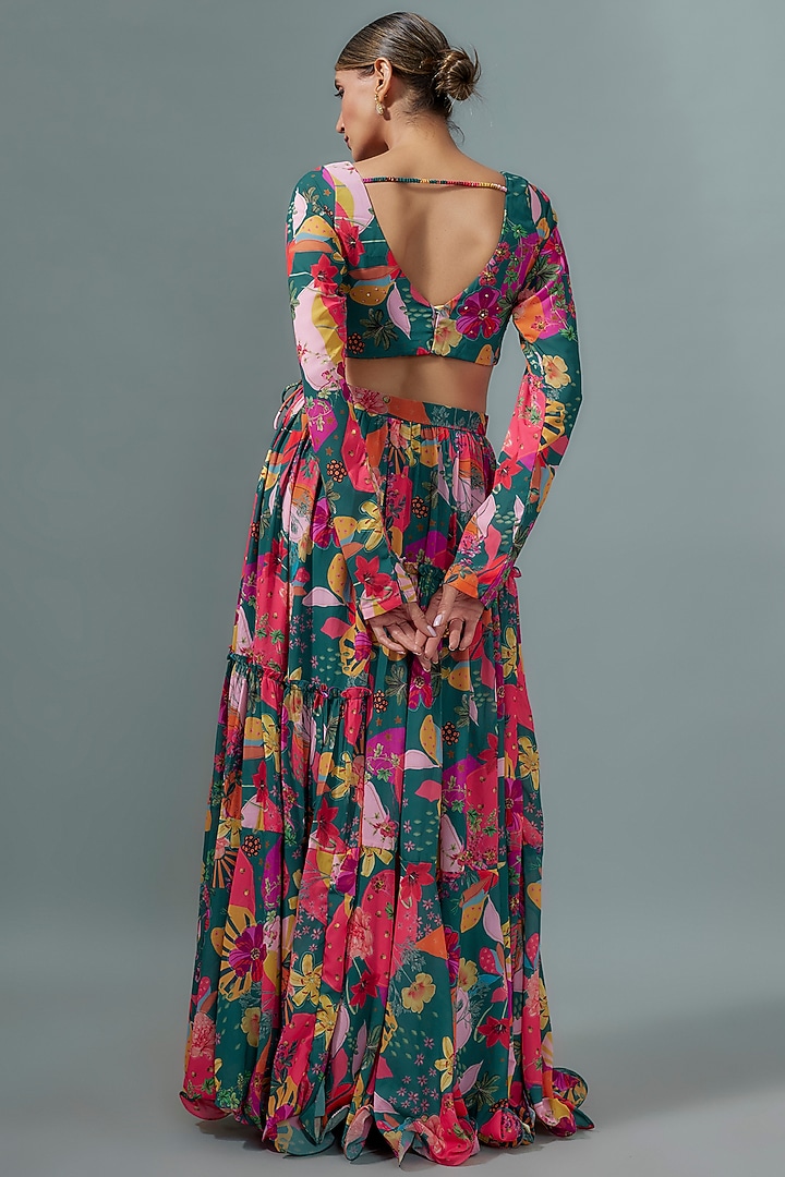 Teal Georgette Digital Printed Lehenga Set by VANA ETHNICS at Pernia's Pop Up Shop