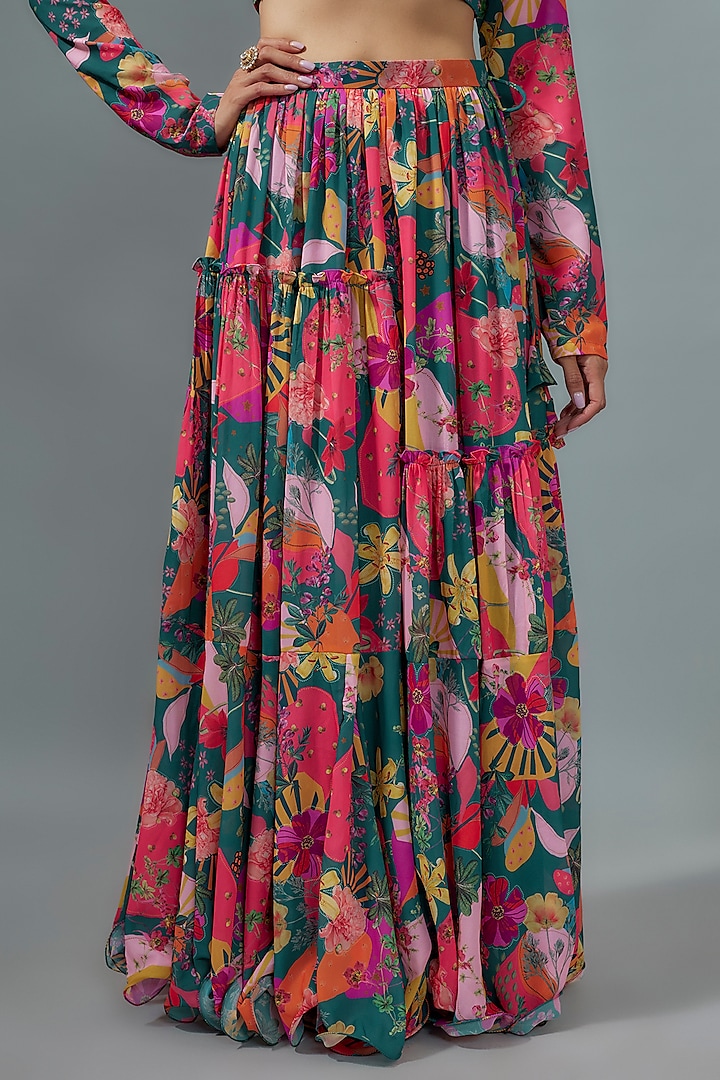 Teal Georgette Digital Printed Lehenga Set by VANA ETHNICS at Pernia's Pop Up Shop