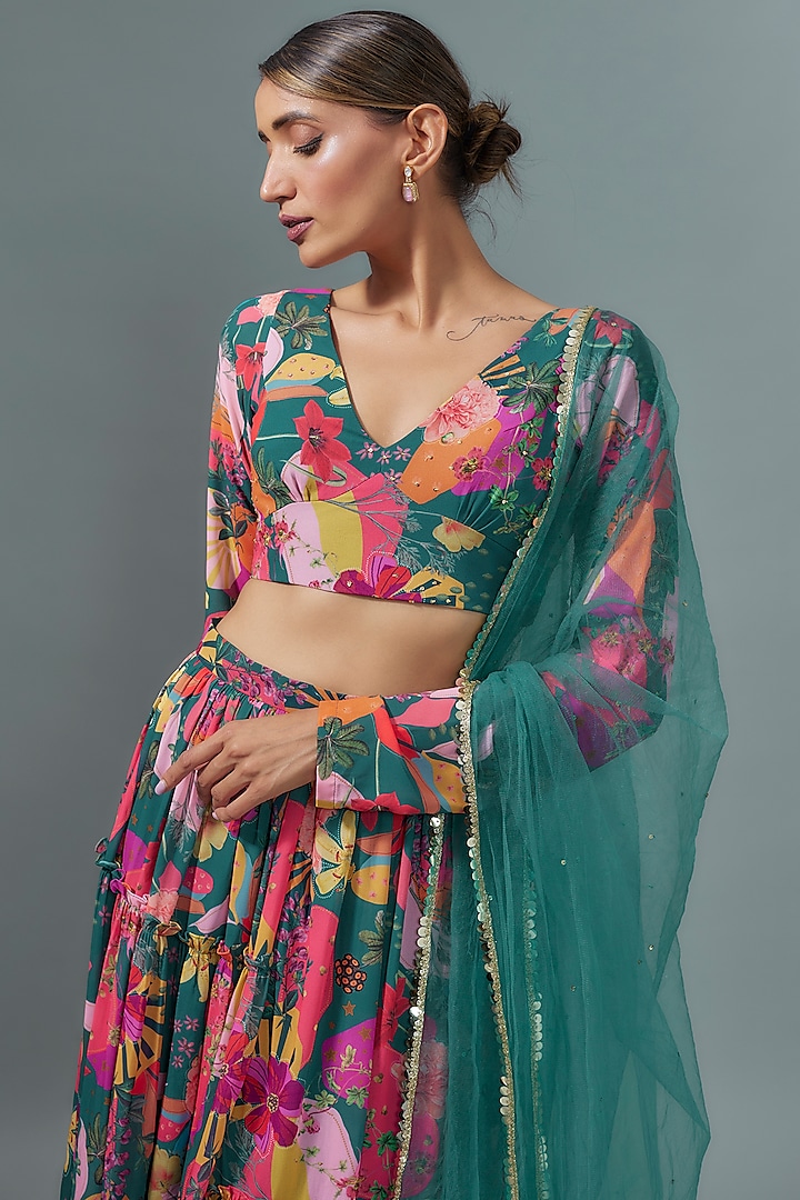 Teal Georgette Digital Printed Lehenga Set by VANA ETHNICS at Pernia's Pop Up Shop