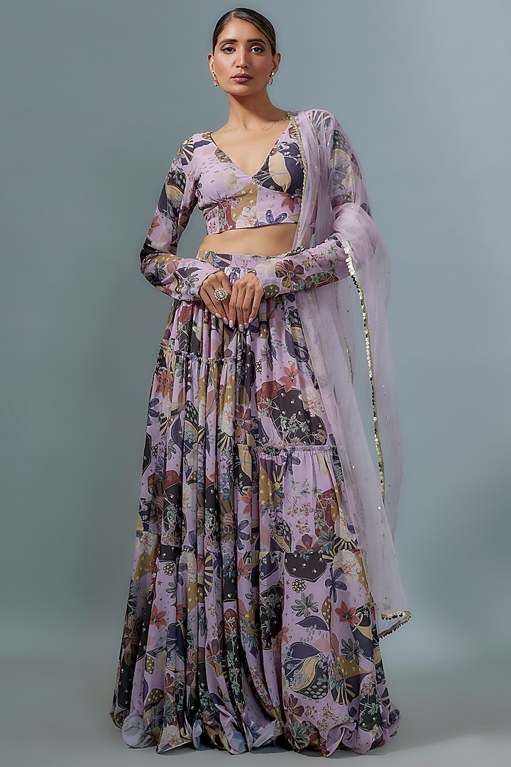 Lilac Georgette Digital Printed Lehenga Set by VANA ETHNICS