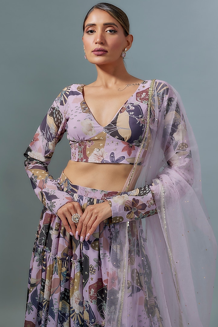Lilac Georgette Digital Printed Lehenga Set by VANA ETHNICS at Pernia's Pop Up Shop