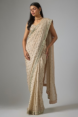 Latte Shade Viscose Chinon Mirror Embroidered Saree Set by Vana Ethnics