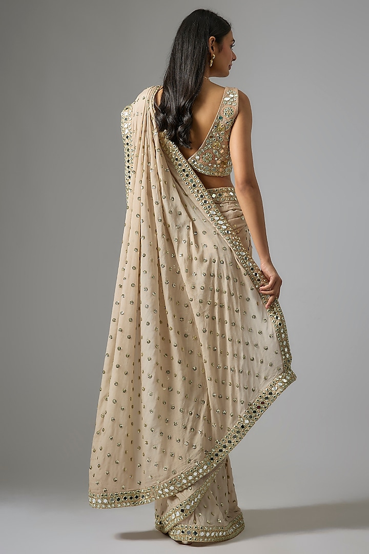 Latte Shade Viscose Chinon Mirror Embroidered Wedding Saree Set by Vana Ethnics at Pernia's Pop Up Shop